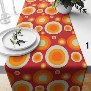Retro Circle Table Runner, Mid-Century Modern Tablecloth, Orange and Red Dotted Runner, Boho Chic Table Decor, 70s Vintage Table Setting