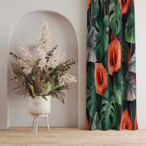 Monstera Leaf Curtains, Colorful Tropical Plant Curtain, Vibrant Tropical Leaf Curtains, Bold Botanical Drapes