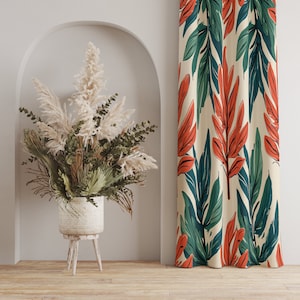 Tropical Window Drapes, Orange & Blue Abstract Leaf Curtains, Vibrant Tropical Leaf Curtains, Bold Botanical Curtain, Modern Jungle Drapes