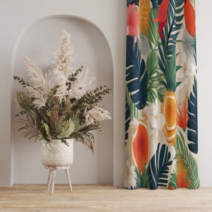 Tropical Fruit Curtains, Pineapple & Orange Floral Drapes, Vibrant Citrus Curtains, Exotic Floral Leaf Pattern, Summery Pineapple Curtains