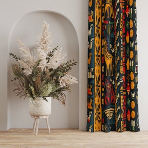 African Safari Pattern Curtain, Bold Tribal Geometric Drapes, Ethnic Animal Print Curtain, Vibrant Jungle Safari Curtain, Home Deco Curtains