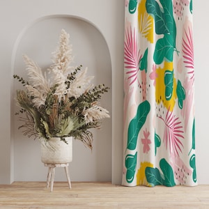 Tropical Floral Curtains, Orange and Blue Abstract Leaf Curtains, Vibrant Tropical Leaf Curtains, Bold Botanical Curtain