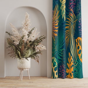 Tropical Leaf Curtains, Bold Palm Leaf Curtain Panel, Teal & Gold Leaf Curtain, Abstract Tropical Curtain