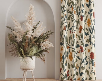 明るい黄色の花柄カーテン、カラフルなトロピカルプラントのカーテン