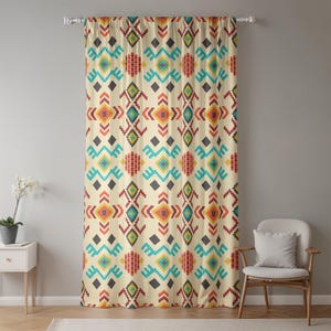 Beige Southwestern Geometric Print Curtain, Aztec Diamond Pattern Drapes in Teal Red Orange, Boho Desert Window Panel, Living Room Decor