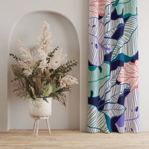 Modern Tropical Plant Curtains, Colorful Tropical Plant Curtain, Vibrant Tropical Leaf Curtains, Bold Botanical Drapes