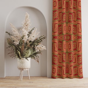 Geometric Mosaic Curtains, Ethnic Pattern Curtain Panels, Modern Geometric Window Drapes, Red Orange Green Mosaic Curtains, Geometric Drapes