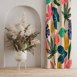 Vibrant Leaf Curtains, Colorful Tropical Plant Curtain, Vibrant Tropical Leaf Curtains, Bold Botanical Curtain