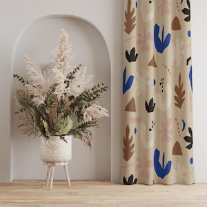 Beige Abstract Botanical Print Curtain, Mid-Century Modern Leaf Drapes, Cobalt Blue Pink Brown Accents, Decorative Window Panel for Lounge