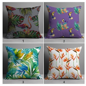 Purple Toucan Pillow Cover, Tropical Pillow Cases, Decorative Pillow Covers, Colorful Tropical Cushion Covers, Bird of Paradise Pillow Shams