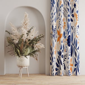 Blaue und Orange Blumenvorhänge, botanische Blumenvorhänge, moderne Blumenfensterpaneele, dunkelblaue und orange Blumenvorhänge, frische Blumengardine