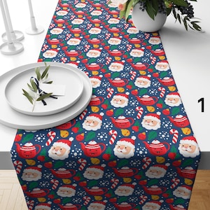 Festive Santa Claus Table Runner, Christmas Decor, Jolly Santa Table Runner, Holiday Home Decor, Red & Blue Christmas Table Runner
