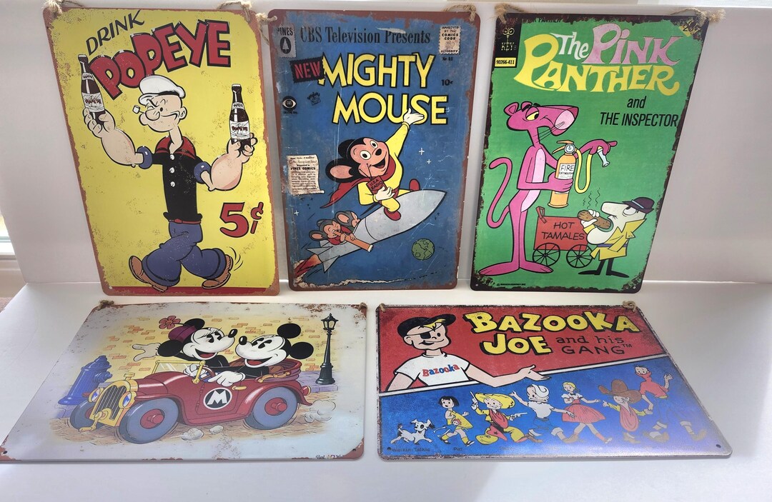 Retro Tin Signs, Mickey Mouse, Bazooka Joe, Pink Panther, Mighty Mouse ...