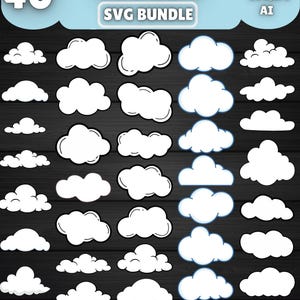Puede incluir: Un conjunto de 40 diseños de nubes blancas con contornos negros, presentados como un paquete SVG. Algunas nubes tienen detalles azules. El texto "CLOUDS SVG BUNDLE" está en la parte superior, con información del tipo de archivo a la derecha.