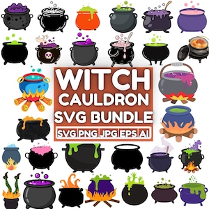 May include: A collection of cartoon witch cauldrons in various colors and styles. Some cauldrons have bubbling potions, flames, or other magical elements. The image includes the text "Witch Cauldron SVG Bundle" with file type indicators.