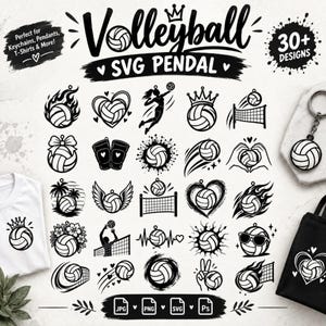 Puede incluir: Una colección digital de más de 30 diseños gráficos en blanco y negro con temática de voleibol, incluyendo iconos de balones con llamas, corazones, alas, coronas, gafas de sol y redes, etiquetados con el texto Volleyball SVG PENDAL.