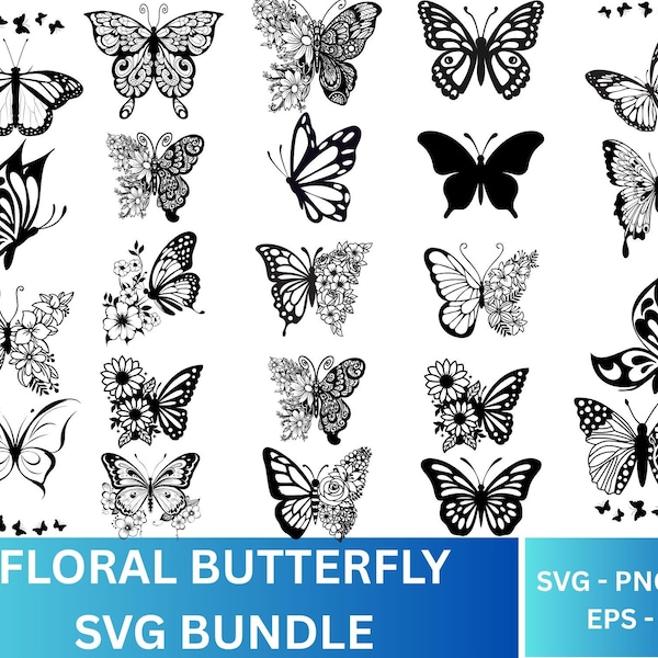 Pacchetto SVG di farfalle floreali: file tagliati al laser (download digitale)
