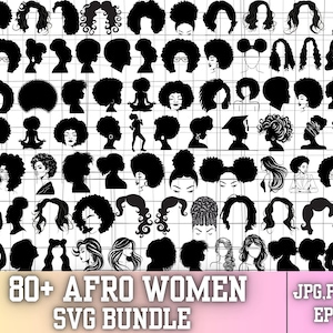 以下が含まれることがあります： アフロ、三つ編み、その他のヘアデザインなど、女性のヘアスタイルを表現した80以上の黒いシルエットイラストのコレクション。画像には「80+ Afro Women SVG Bundle」というテキストも含まれています。