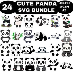 Pode incluir: Uma coleção digital de 24 ilustrações de pandas em várias poses, incluindo sentados, acenando e deitados. O conjunto gráfico em preto e branco inclui caules de bambu e está rotulado com o texto 24 CUTE PANDA SVG BUNDLE JPG, PNG, SVG, EPS, AI.