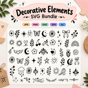 May include: A digital file collection titled Decorative Elements SVG Bundle featuring various black line art icons including flowers, stars, hearts, butterflies, moons, suns, bows, and botanical sprigs arranged in a grid on a white background.
