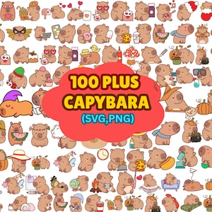 Puede incluir: Una colección de ilustraciones de capibaras de dibujos animados en varias poses y con diferentes accesorios. La imagen incluye una burbuja de texto roja y amarilla en forma de nube que dice "100 PLUS CAPYBARA (SVG, PNG)".