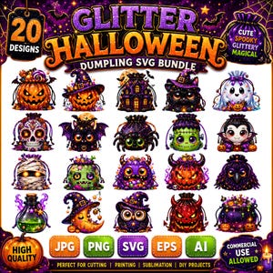 Peut inclure: Un ensemble numérique de 20 motifs de boulettes sur le thème d'Halloween avec des textures scintillantes. Les personnages incluent des citrouilles, des fantômes, un crâne, une araignée, une momie, un vampire et un hibou. Texte : GLITTER HALLOWEEN DUMPLING SVG BUNDLE.