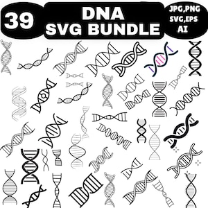 May include: A collection of 39 DNA SVG files in various styles. The designs include double helix structures in black and white, with some featuring color accents. The image also includes file type information: JPG, PNG, SVG, EPS, and AI.