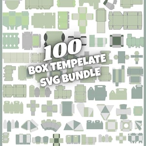 May include: An assortment of 100 box templates in various shapes and sizes, rendered in shades of green and gray. The text "100 BOX TEMPLATE SVG BUNDLE" is prominently displayed in white across the image, indicating a digital product.