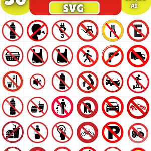 Op de afbeelding: Een verzameling van 36 rode en witte verbodsborden, met pictogrammen zoals niet eten, niet roken en niet parkeren. De borden zijn gerangschikt in een raster, met het woord "SVG" in een gele rechthoek. De tekst "PROHIBITED SIGNS" staat bovenaan.
