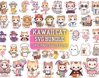 Paquete de imágenes prediseñadas de gatos kawaii: adorables gatitos (SVG, PNG)
