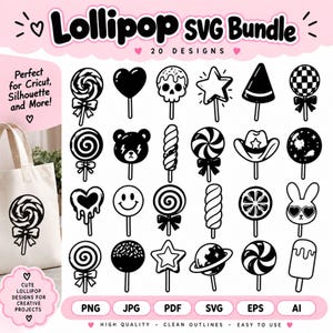 May include: A digital collection of twenty black and white lollipop graphic designs featuring various shapes including hearts, stars, a skull, a bear, a cowboy hat, a planet, and a rabbit. The text reads Lollipop SVG Bundle 20 DESIGNS.