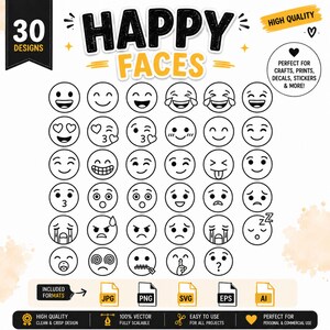 Op de afbeelding: Een digitale collectie van 30 zwart-wit lijntekening emoji-ontwerpen getiteld HAPPY FACES. De afbeelding bevat diverse cirkelvormige uitdrukkingen, waaronder lachende, huilende, knipogende en slapende gezichten, met bestandsformaatpictogrammen voor JPG, PNG, SVG, EPS en AI.