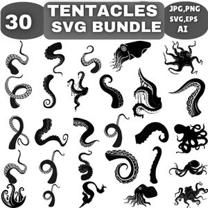 Op de afbeelding: Een verzameling van 30 zwarte tentakel SVG-ontwerpen in verschillende vormen en maten. De afbeelding bevat de tekst "TENTACLES SVG BUNDLE" en bestandsinfo: JPG, PNG, SVG, EPS en AI.