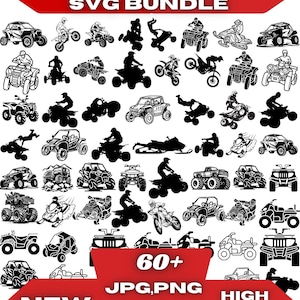 May include: An ATV SVG bundle graphic with over 60 designs, including various all-terrain vehicles, motorcycles, and snowmobiles. The image features the text "ATV SVG BUNDLE", "NEW", "60+", "JPG, PNG", "SVG, AI", and "HIGH QUALITY".