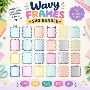May include: A digital collection of twenty-five rectangular frames with wavy edges and vertical stripes in various colors. The text Wavy Frames SVG Bundle is displayed at the top, with File Formats and file extensions JPG, PNG, SVG, EPS, and AI below.