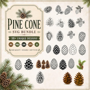 Puede incluir: Una colección gráfica digital titulada PINE CONE SVG BUNDLE 30+ UNIQUE DESIGNS que presenta varios dibujos de líneas en blanco y negro, siluetas e ilustraciones a color de piñas y ramas de hoja perenne sobre un fondo beige claro.