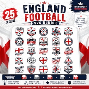 Könnte beinhalten: Eine digitale Sammlung von 25 England Football SVG-Designs mit verschiedenen fußballbezogenen Emblemen, Wappen und Typografien. Die Grafiken enthalten Fußbälle, das St.-Georgs-Kreuz und Texte wie England Football, It's Coming Home und One Nation One Team.