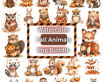 Watercolor Fall Animal Clipart, Kawaii Woodland PNG (Digital Download)