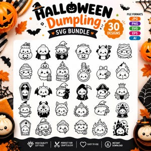 May include: A digital collection of 30 black and white Halloween dumpling illustrations featuring various characters like mummies, vampires, and witches. The text reads Halloween Dumpling SVG Bundle with file formats JPG, PNG, SVG, EPS, and AI.