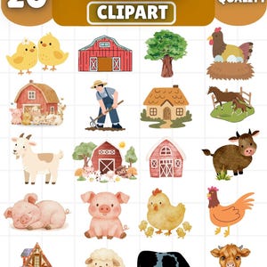 Watercolor Farm Animals Clipart Bundle, Barnyard PNGs, Baby Shower Graphics