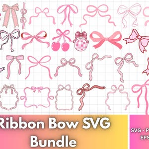 May include: A digital graphic bundle featuring various pink ribbon bow designs. The image includes bows of different styles, some with cherries and disco ball accents. Text at the bottom reads "Ribbon Bow SVG Bundle" with file type options.