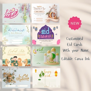 Pacote de 10 cartões Eid | Pacote de cartões Eid Mubarak | Cartões de felicitações para Eid | Cartões Eid em massa | Cartão Eid moderno | Editável com Canva