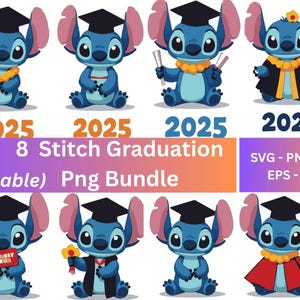 8 PNG Stitch Graduation Design,Stitch Graduation SVG,Blue Alien Graduation Png,Blue Character Class of 2025 Png,  Stitch Graduation Clipart