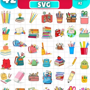 Puede incluir: Una imagen con 42 ilustraciones de material escolar en formato SVG. La imagen presenta lápices, libros, mochilas, gomas de borrar y tijeras. El texto "SCHOOL SUPPLIES" se muestra en la parte superior.