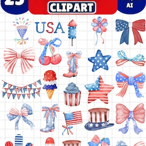 Może przedstawiać: Kolekcja 25 akwarelowych obrazków clipart o tematyce patriotycznej. Zawiera kokardy, gwiazdy, flagi, lody, wiśnie i cylinder, wszystko w kolorach czerwonym, białym i niebieskim. Wyświetlany jest tekst "4th July Clipart".