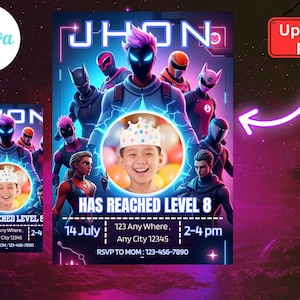 May include: A digital birthday invitation featuring a young boy wearing a crown, surrounded by stylized characters. The invitation includes the name "JHON", the text "HAS REACHED LEVEL 8", date, time, and RSVP information, all set against a vibrant, space-themed background.