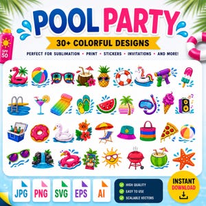 May include: A digital collection of over 30 colorful pool party themed graphic illustrations including a flamingo float, beach ball, sunglasses, pineapple, unicorn, water gun, popsicle, pool ladder, cocktail, flip flops, watermelon, palm tree, snorkel, ice cream, speaker, cooler, donut, swan, hibiscus, umbrella, bucket hat, tote bag, pizza slice, waterfall, tiki mask, sun, grill, coconut drink, and starfish.