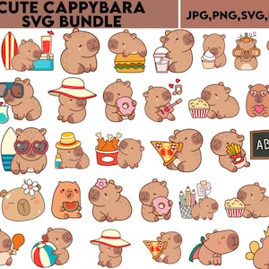 May include: A collection of cute cartoon capybara illustrations in various poses. Some capybaras are holding objects like a surfboard, donut, pizza, and guitar. The image includes the text "CUTE CAPPYBARA SVG BUNDLE" and file type information.