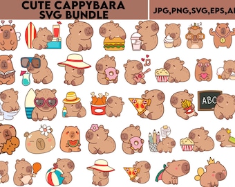 Cute Capybara SVG Bundle, Kawaii Clipart (Digital Download)