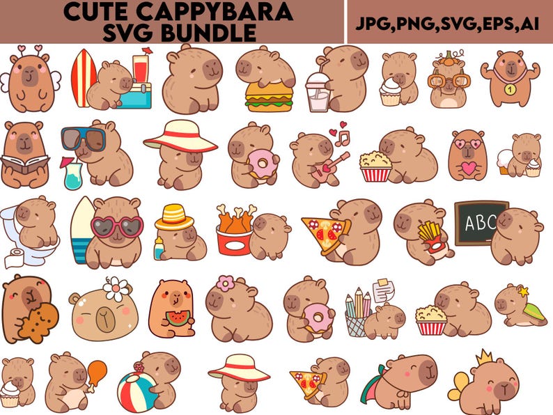 May include: A collection of cute cartoon capybara illustrations in various poses. Some capybaras are holding objects like a surfboard, donut, pizza, and guitar. The image includes the text "CUTE CAPPYBARA SVG BUNDLE" and file type information.